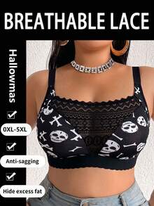Plus Size Halloween Pattern Women's Bra, Wireless Casual Comfortable Back Design Thin Sports - Black - View 5