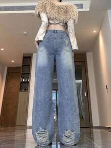 Celana Jeans Denim Rusak, Potongan Longgar, Kaki Lebar, Panjang Hingga Lantai - Medium Wash - View 9