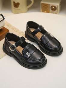 1 Pair Girls Rhinestone Decor Synthetic Fabric Non‑Slip Round Toe Buckle Strap Low Block Heel Preppy Mary Jane Shoes For School Daily - Black - View 1
