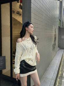 YCYC Autumn/Winter Hollow Out Long Sleeve Knit Sweater - White - View 1
