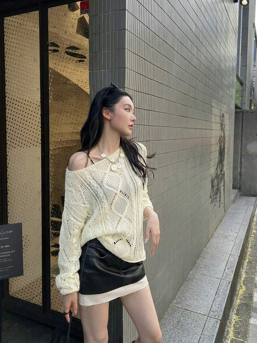 YCYC Autumn/Winter Hollow Out Long Sleeve Knit Sweater - White - View 1