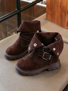 Dark Brown Mid-Calf Boots, Faux Suede, Double Buckle Strap, Metal Rivet Decor, Pull Tab, Thick Lug Sole, Side Zipper, Casual Winter Motorcycle Boots, Everyday Style - Brown - View 4