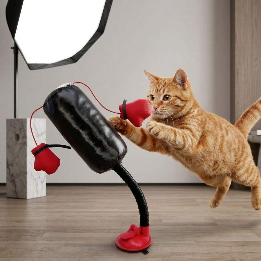 1pc Interactive Cat Boxing Toy, Suction Cup Fixed Elastic Cat Teaser, With Swinging Boxing Gloves Pet Puzzle Exercise Toy, Indoor Cat Boredom Relief Supplies - Multicolor - View 1