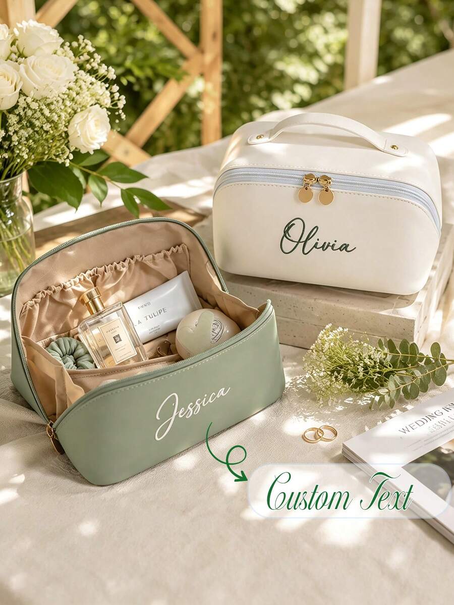 Customizable Leather Toiletry Bag - Personalized Gift For Wife - Gift For Mom - Anniversary Gift - Cosmetic Bag - Monogrammed Makeup Case - Multicolor - View 1