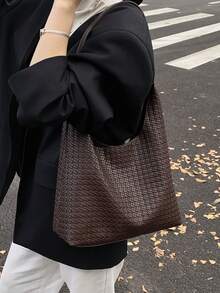Minimalist Women's Shoulder Bag, Fashion New Woven Crescent Bag, Commuter Versatile 2 Pieces Set Mother-Daughter Bag - Coffee - View 6