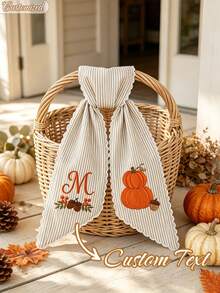 Personalized Custom Embroidered Pumpkin Wreath Ribbon Bow, Striped Fan-Shaped Edge Wreath Ribbon, Custom Text Letter Door Wreath Decoration, Halloween Door Decor Gift, Winter Holiday Front Door Home Decor - Multicolor - View 3
