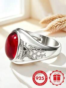 925 Sterling Silver Men's Elegant Minimalist Fashion Ring, Inlaid With Red Synthetic Zirconia, Exquisite Design, Suitable For Daily Wear, Gift, Party, Fashion Accessory, Premium Choice For Elegant Men's Jewelry. - Silver - View 10