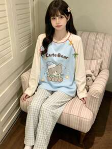 2pcs Women's Pajama Loungewear Set, Cute Pattern Print Pullover Round Neck Simple Long Sleeve Long Pants, All Season Wear - Multicolor - View 11