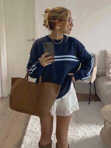 Women's Blue Round Neck Long Sleeve Knit Sweater, Patchwork Design Pullover Top, Versatile For Daily Commute - Multicolor - View 7