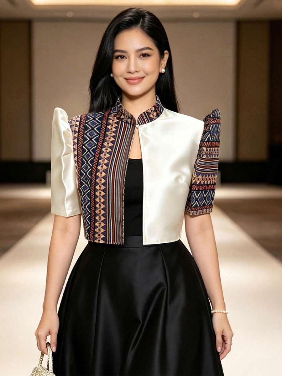 Atasan Gaya Filipina Modern, Lengan Kupu-kupu Gaya Filipina, Blus Pendek Wanita Musim Semi/Panas dengan Motif Cetak, Kerah Tegak, dan Lengan Mengembang - Aprikot - View 1