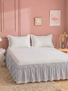 1pc Lace Bedskirt In Simple Classic Daily‑Use Style. Made Of Soft Breathable Polyester For All‑Season Use. This Pleated Bed Linen With Neutral Tones Brings Minimalist Decor, Perfect For Bedroom & Home Decoration, Matching Popular Seasonal Home - Grey - View 2