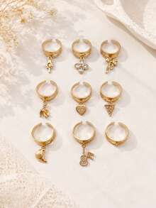 1pc Stainless Steel 18K Gold Plated Multi-Element Fruit Heart Pendant DIY Detachable Open Ring, Personalized Hollow Fashion Finger Ring - Yellow Gold - View 2