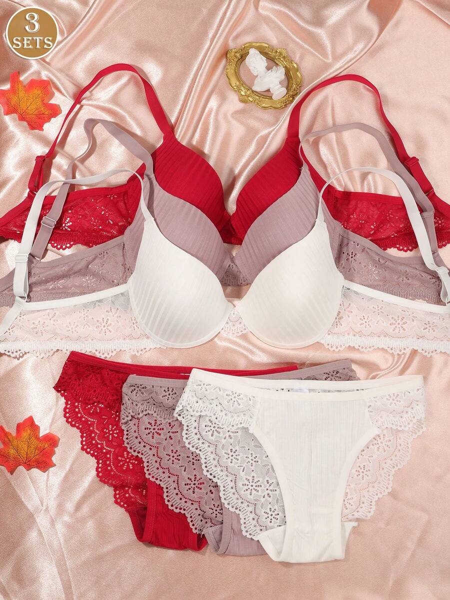 3套女款羅紋花卉蕾絲內衣褲套裝,女款蕾絲內衣套裝 - 彩色 - 查看 1