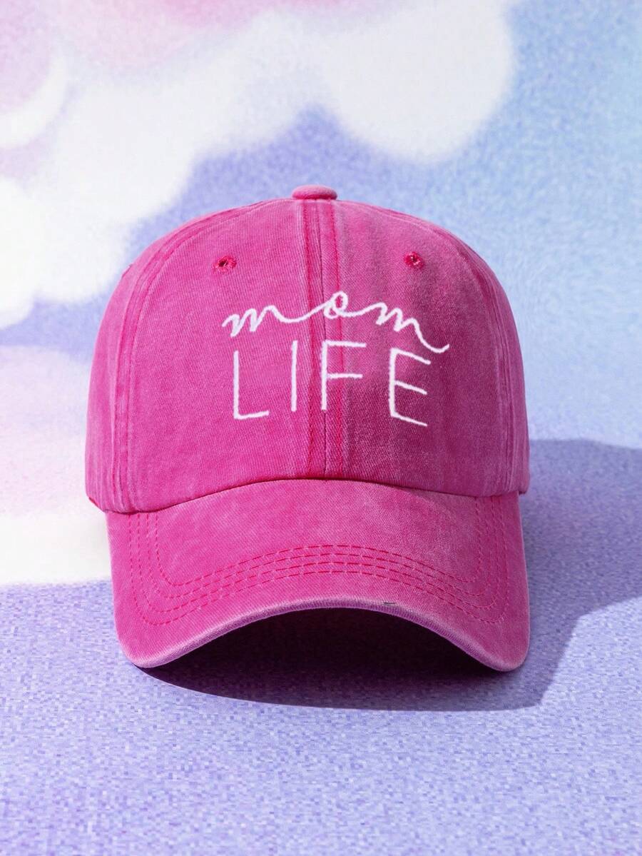 Y2K 1件中性刺繡字母「Mom Life」水洗透氣時尚百搭棒球帽，適合日常休閒穿著與外出 - 玫紅色 - 查看 1