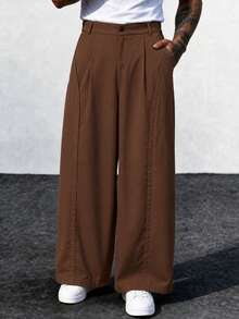 1pc Men's American Korean Street Style Minimalist Structured Straight Leg Loose Wide Leg Casual Long Pants - Brown - View 1