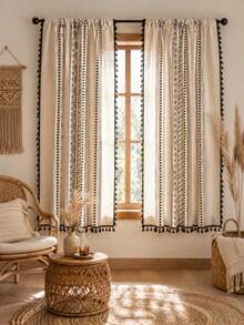 MeijiaMo 1pc Bohemian Curtain In Cream White And Black Bohemian Geometric Pattern With Tassel, Semitransparent Linen Curtain Panel With Rod Pocket, Suitable For Bedroom And Living Room - Multicolor - View 2