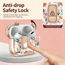 1pc Floral Printed Lockable AirPodsPro3 Case With Kickstand, Full Protection Shockproof Earphone Cover With Keychain, Support Wireless Charging - Multi-color 5 - View 7