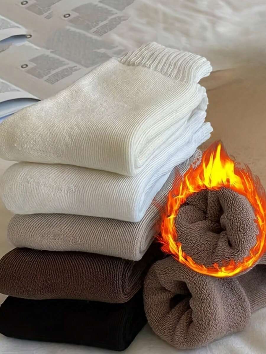 5 Pairs Highly Attractive Solid Color Men's Winter Mid-Calf Thickened Thermal Lined Terry Towel Warm Socks - Multicolor - View 1