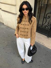 Seelio Autumn New Women's European & American Style Fashion Minimalist Versatile Long Sleeve Knot Button Suede Texture Jacket - Brown - View 4