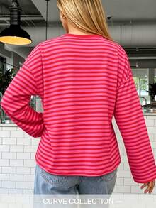 Women's Plus Size Casual Long Sleeve Knit Top, Striped Elastic Contrast Color Vacation Wear, Spring/Autumn T-Shirt, College Style & Daily Comfortable Outfit Choice - Rose Red - View 3