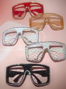 1pc Rhombus Glitter PC(Polycarbonate) Women's Rhinestone Trimmed Large Frame One-Piece Decorative Glasses Frame Hollow Mesh No Lens Party Photo Shoot Costume Accessory All Season - Multicolor - View 3