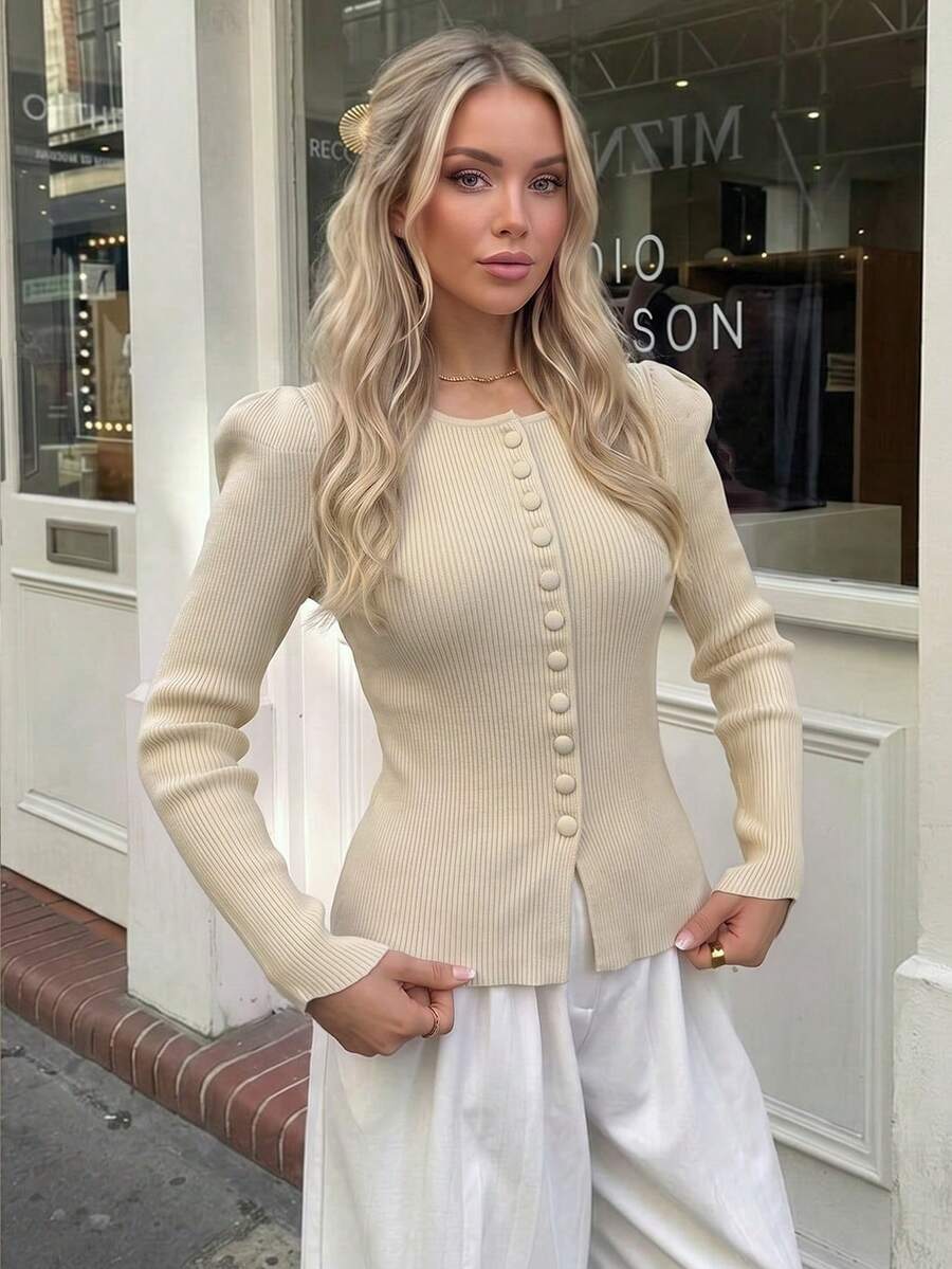 Cardigan Rajut Bergaris Musim Gugur/Dingin Wanita, Lengan Panjang Mengembang, Kerah Bulat dengan Kancing Depan, Gaya Elegan
