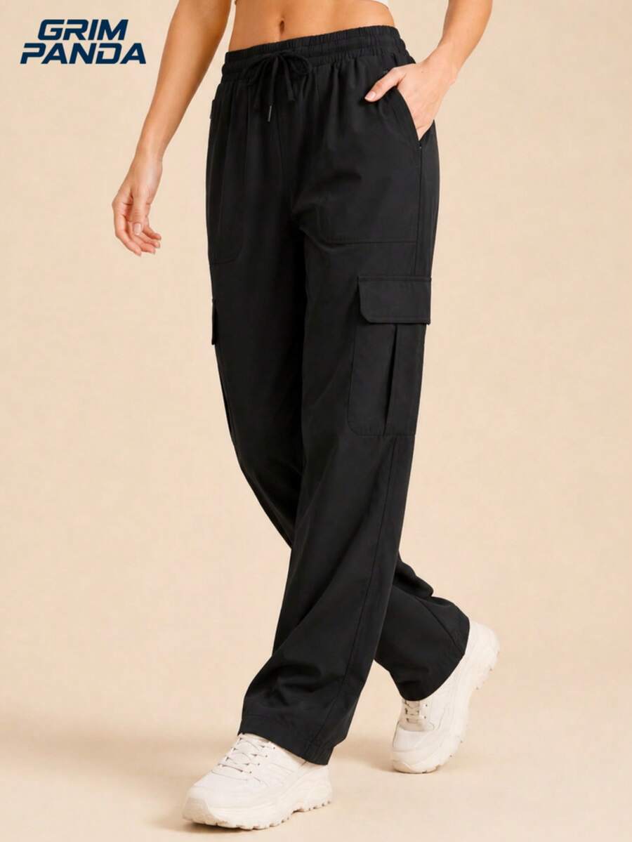 GRIM PANDA Women Fall Wide Leg Cargo Pants Elastic Drawstring Waist Side Pockets Loose Fit Casual Outdoor Streetwear Daily Long Trousers For Autumn - Black - View 1