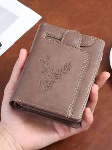 CarrKen 1pc Men's New Multi-Slot Multi-Function European & American Retro Short Solid Color Deer Head Zipper Wallet - Multicolor - View 10