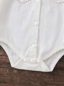 Infant Girl Autumn Lace Ruffle Collar Round Neck Long Sleeve Elastic White Bodysuit Newborn Cute Vacation Front Button Snap Closure Soft Shirt Fabric Bodysuit Children Simple Spring Headband - White - View 6