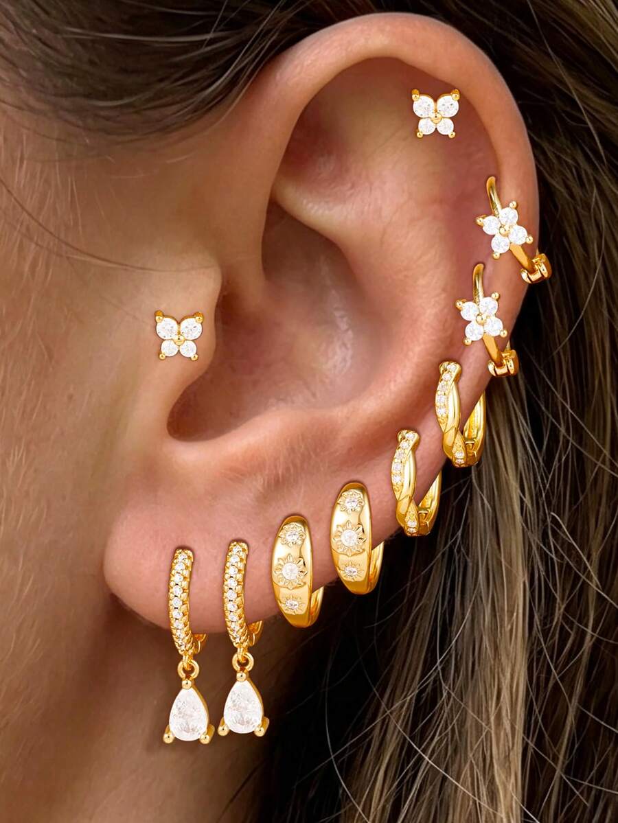 10PCS Light Luxury Water Drop Zirconia Hoop Earrings Set For Woman 18K Gold Plated Stainless Steel Butterfly Helix Ear Stud Daily Wear Jewelry - 10PCS-gold - View 1