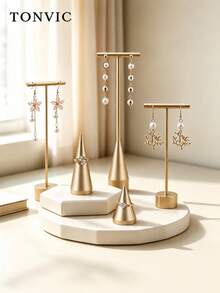 TONVIC 1PC/2PCS/4PCS Exquisite Creative Jewelry Earring Display Stand T-Shaped Tower Metal Earring Holder Storage Rack Stud Earrings Ring Hanging Storage Rack Home Decor - Gold - View 2