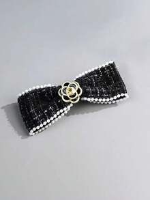1pc French Vintage Floral Bow Fabric Hair Clip, Soft Style Camellia Flower Back Of Head Spring Clip Hair Accessory - Multicolor - View 10