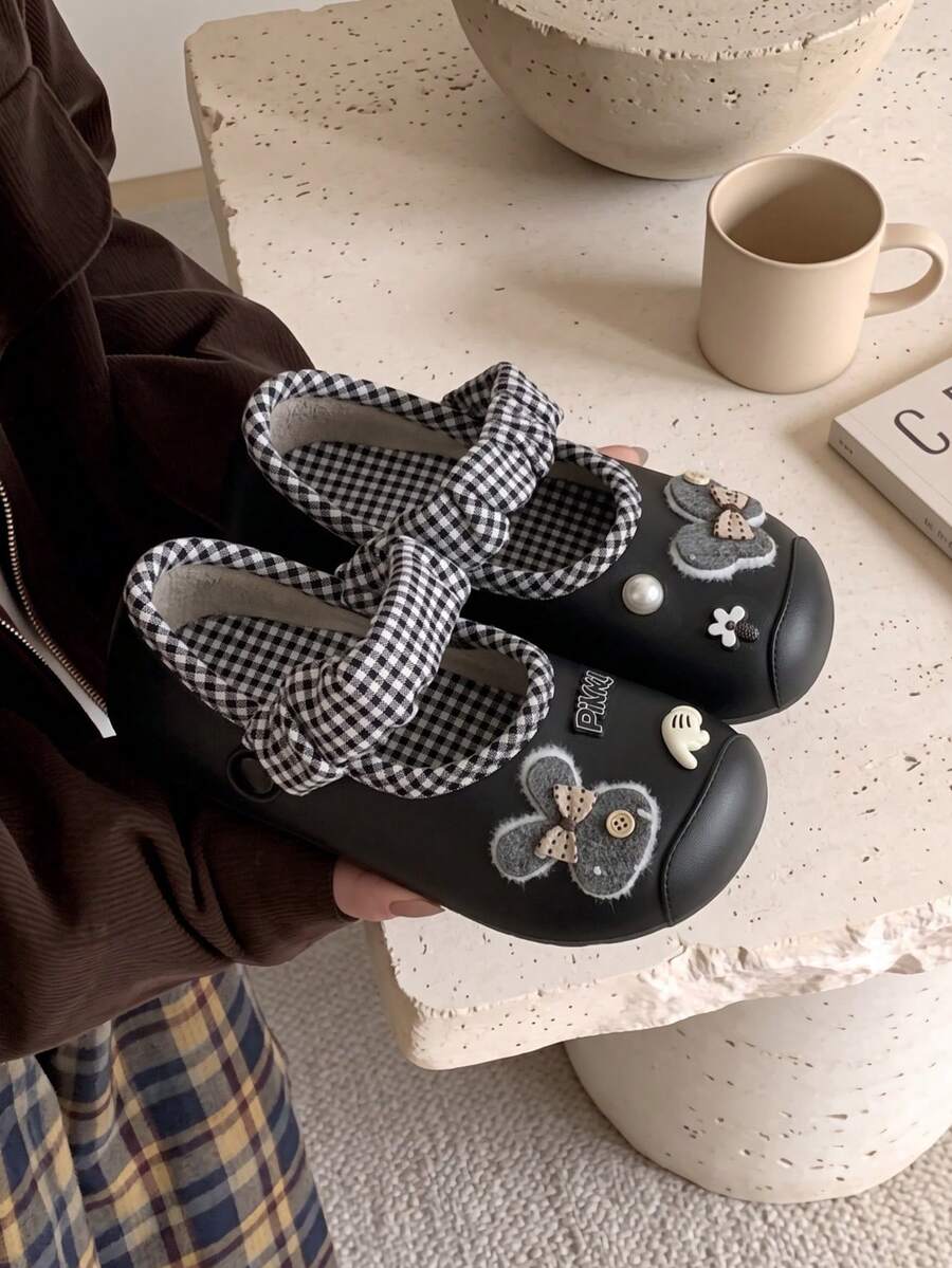 Japanese & Korean Style Winter Indoor Women's Thermal Lined Fashion 3D Bow Mushroom Rabbit Cartoon Mary Jane Design Bedroom Plush Slippers - Black - View 1