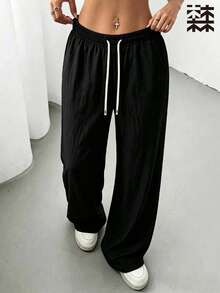 mulinsen Women's Straight Leg Sweatpants, Elastic Drawstring Waist, Wrinkle-Resistant Textured Fabric, Fitness Jogging Daily Home Casual Pants - Black - View 5