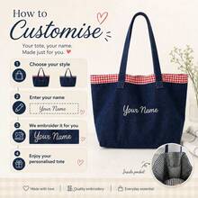 Personalized Embroidered Custom Korean Style Vintage Artistic Tote Bag, Denim Bag Large Capacity Handbag New Fashion Plaid College Student Class One Shoulder Commuter Bag - Multicolor - View 2