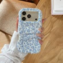 Autumn/Winter Vibe Leopard Print Plush Phone Case Compatible With IPhone 17 Pro Max/ 17 Pro/ 17/ 16 Pro Max/ 16 Pro/ 16/ 15 Pro Max/ 15 Pro/ 15/ 14 Pro Max/ 13 Simple Cute Plush Phone Case - Blue - View 4