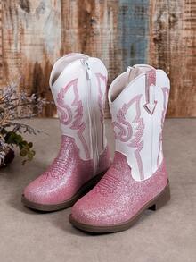 NILOSH Girls' Pink Sequin Western Cowboy Boots, Embroidered Mid-Calf Cowboy Boots, Side Zipper Low Heel Casual Boots For Autumn/Winter - Pink - View 22