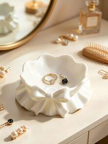 1pc Cream White Bowknot Ceramic Jewelry Tray, Ruffled Edge Decorative Trinket Dish, Tabletop Ring Necklace Earring Storage Holder - Multicolor - View 7