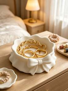 1pc Cream White Bowknot Ceramic Jewelry Tray, Ruffled Edge Decorative Trinket Dish, Tabletop Ring Necklace Earring Storage Holder - Multicolor - View 6