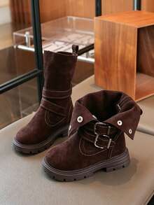 Dark Brown Mid-Calf Boots, Faux Suede, Double Buckle Strap, Metal Rivet Decor, Pull Tab, Thick Lug Sole, Side Zipper, Casual Winter Motorcycle Boots, Everyday Style - Brown - View 2