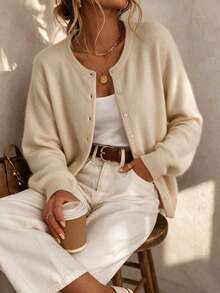 Women's 100% Cashmere Long Sleeve Cardigan Sweater, Round Neck Ribbed Front Button Up Outerwear, Soft & Lightweight, Suitable For Autumn/Winter Casual Fashion - Apricot - View 3