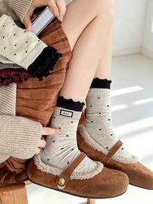 Mid-Calf Socks, Spring/Autumn Ballet Style Lace Socks, Women's Polka Dot Fashion Fabric Label Ins Minimalist Ruffle Stacked Socks - Multicolor - View 5