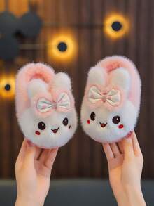 1 Pair Girls' Cartoon Rabbit Indoor House Slippers, Warm Plush Closed-Toe Slippers For Autumn/Winter, Toddler Baby - Pink - View 3
