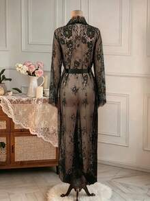 1pc Women's Sexy Sheer Lace Long Sleeve Robe Loungewear Nightgown - Black - View 4
