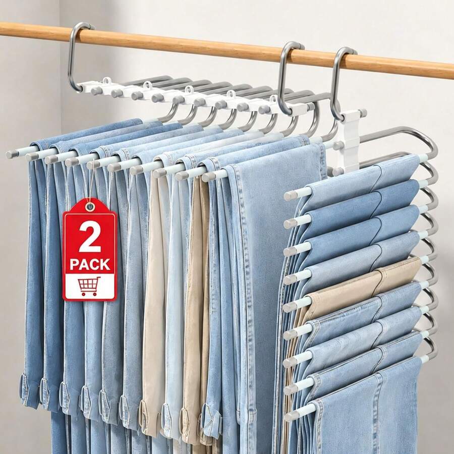 2PK Ganchos para Pantalones Ahorra Espacio 9 en 1. Acero Inoxidable, Ropa Organizador, Ganchos Ropa para Pantalones, Jeans, Bufandas