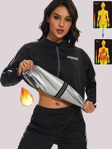 Jaket Sauna Wanita untuk Menurunkan Berat Badan, Lengan Panjang, Saku Resleting, Setelan Keringat Sauna untuk Olahraga, Latihan di Gym, dan Olahraga Lainnya - Hitam - View 1