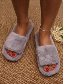 Women's Fuzzy One-Strap Indoor Slippers, Solid Color Long Plush Open Toe Thick Soft Cushion, Warm Autumn/Winter Casual Thermal Slippers - Grey - View 5
