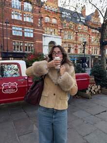 ZAHM Faux Suede Winter Coat For Women, Faux Fur Collar Cuffs Lapel Short Warm Jacket With Pockets - Camel - View 3