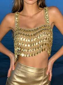 DEKUNER Vintage Gold Crystal Body Chain Crop Top, Handmade Full Rhinestone Mesh Halter Top, Personalized Accessory For Photos, Parties And Nightclubs - Gold - View 2