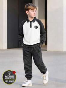 Boys' 2 Pieces Casual Set, Autumn/Winter, Colorblock Raglan Polo Collar Letter Print Top With Distressed Cuffed Long Pants, American Vintage Style - Black - View 1